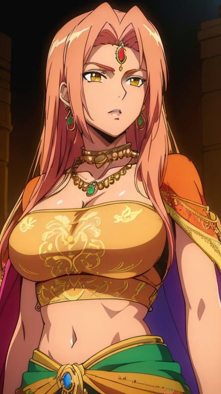 (Highest quality, masterpiece, 8k:1.2), anime art style, ultra-high resolution, hyper detail, Ingrid, one girl, 20 years, adult woman, big breasts, dynamic angle, staring at the viewer, (A full display of temple jewellery, a pair of earrings, necklace, bangles, finger rings, highly detailed Vray rendering of a maang tikka, flashing light, colourful dress, hair ornament, gold embroidery, ancient India, midriff peek, waist jewellery, bangles with gold chains, (close up), golden shawl with intricate leaf embroidery, embroidered dress, (Kamarbandh:1.1))
