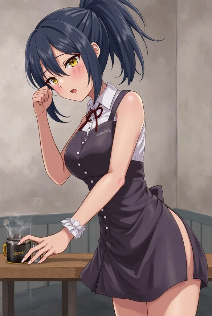 Young girl with blue hair,short straight hair and short bangs (purple eyes),, ((small bushy eyebrows)), wearing gothic ta clothing, loli, large breast, breasts out of blouse, walking to school, bored look, bored face, , suddenly having sex in public, ((doggy style sex)), ((public sex in a restaurant)) naked ass in the male crotch, perfect anatomy, young boy fucking her