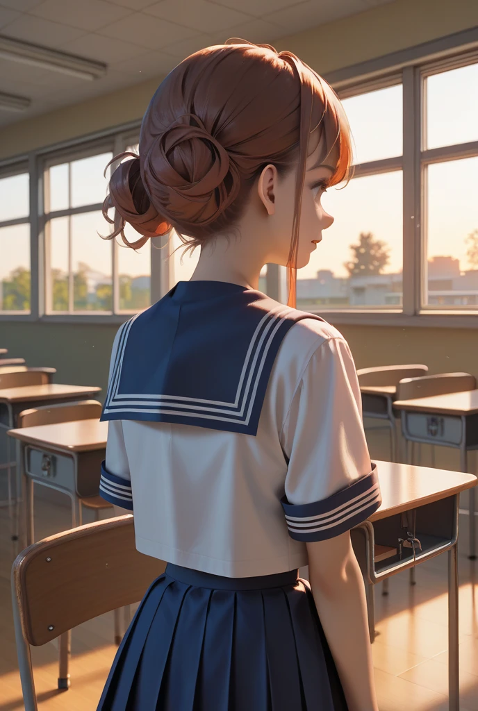 masterpiece, top quality, great quality, so beautiful, newest, cute,Japanese high school girl, sailor suit for the sole of the foot, miniskirt,shortcuts,Classroom, evening, warm weather,anime-style,back view