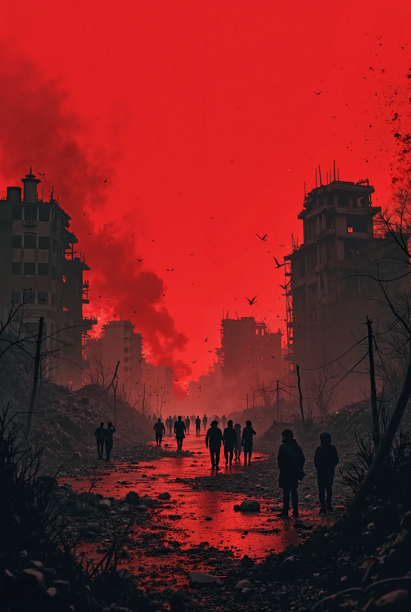 A dramatic and emotional poster background showing the ruins of Gaza. Collage of destroyed buildings, smoke, and silhouettes of distressed civilians. Use a deep red and black color scheme with high contrast. Subtle textures and shadows to give a sense of urgency and sorrow. No text, just powerful background visuals suitable for a protest poster.