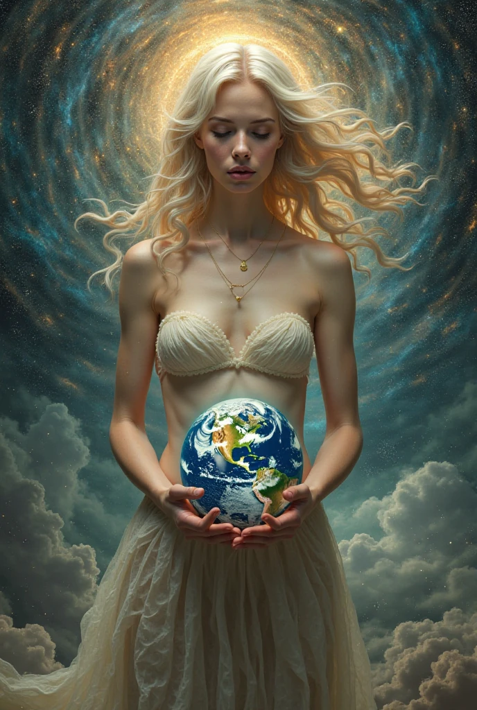realism. A completely naked beautiful goddess holds the planet in her hands