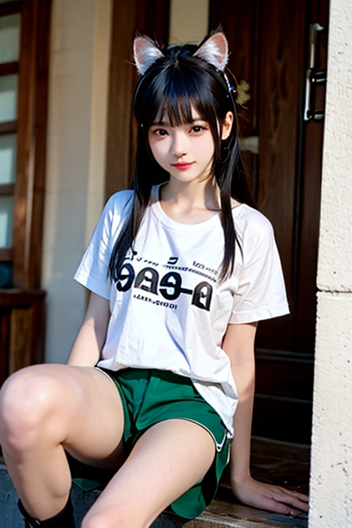 8k,Japanese,,Innocent face,Teenage Girte,Random color plain t-shirt,Casual wear,Sitting,Black Hair,garden,Hair Clip