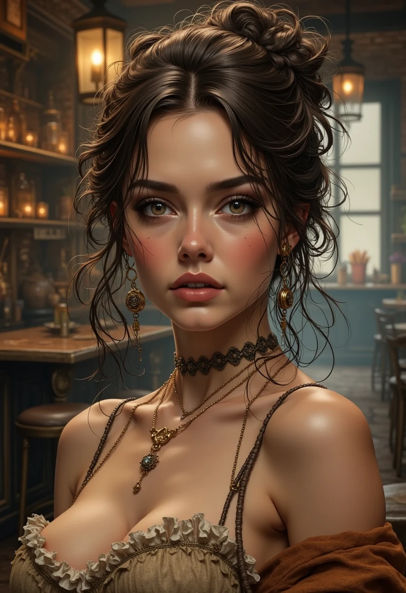 illustration of A stunningly beautiful girl,  suggestive illustration gorgeous (Natalie Dormer: Megan Fox: Milly Alcock) as full-body  girl in a pirate of the caribbean style, detailed tavern background, professionally retouched, muted colors, soft lighting, realistic, smooth face, sharp focus on eyes, 8 k, high definition, insanely detailed, intricate, elegant, art by J Scott Campbell and Artgerm, cinematic, cinematic lighting, masterpiece, 8k, she is smiling at the viewer with a mischievous expression,  smile, sultry look, smirk