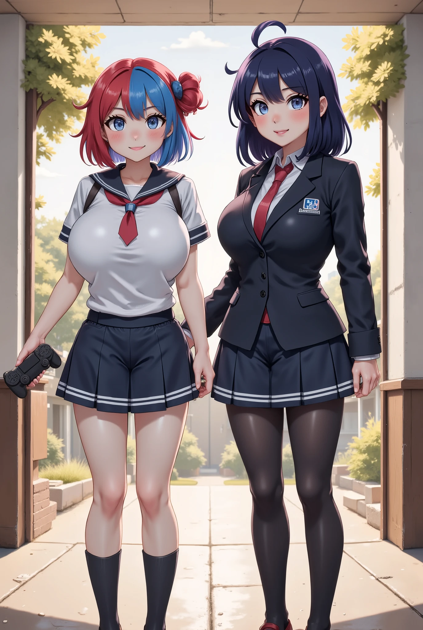 2 girls, standing back to back, one has short black hair, one has long red hair, wearing short blue skirt and white shirt, black pantyhose, masterpiece, best quality, huge breasts