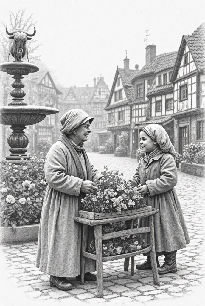 Draw me a picture with pencil on it is a grandma with her granddaughter selling flowers at a flower stand. The picture should be from the 80s and in black and white. In the background a fountain with a bull on top and in front of half-timbered houses. You should be able to recognize the faces.