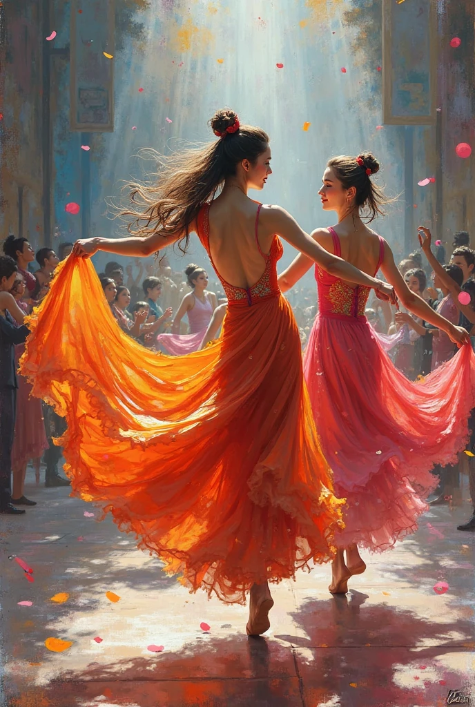 Girls gorgeous cloth different colors in dance
