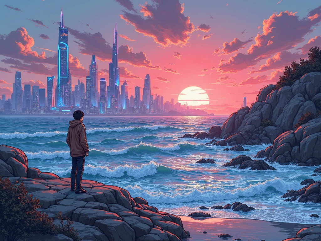 Generate the cover of a manga with a coastline and a futuristic city on the horizon