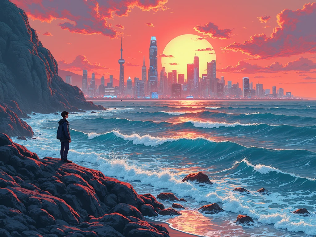 Generate the cover of a manga with a coastline and a futuristic city on the horizon