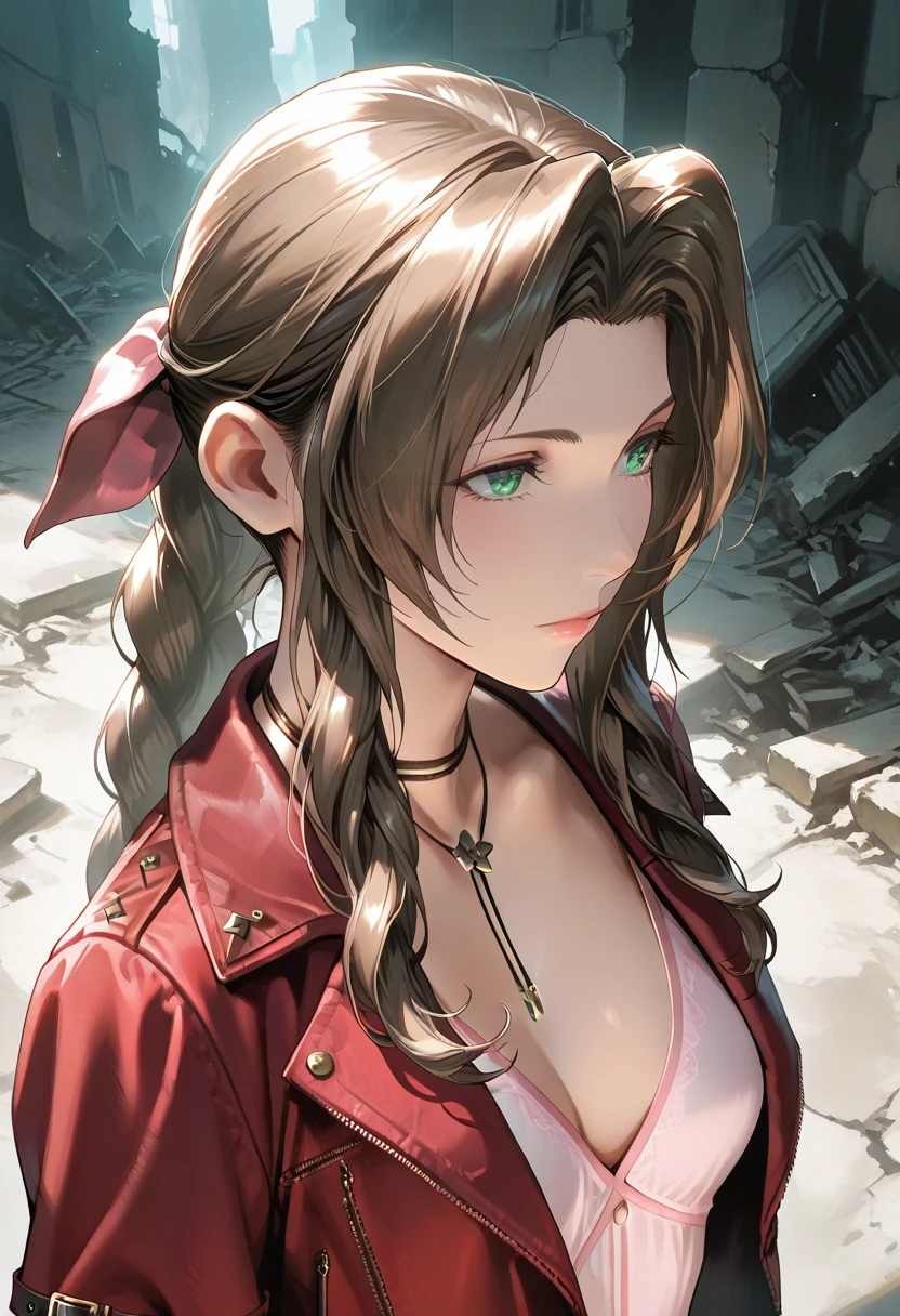 masterpiece, best quality, 1girl, anime style, pastel colors defaerith, braided ponytail, pink hair bow, choker, necklace, cropped jacket, red jacket, short sleeves, pink dress, extremely detailed,high definition restrained,police,arrest,restrained,shackles,(((handcuffs, cuffs, upper body, handcuff, bound wrists))),masterpiece, best quality,aerith gainsborough handcuffs behind her back,.behind her back position.escort in handcuffed.handcuffed behind back.aerith handcuffed,aerith handcuffed behind her back.arrested.l.aerith handcuffs behind back by police
