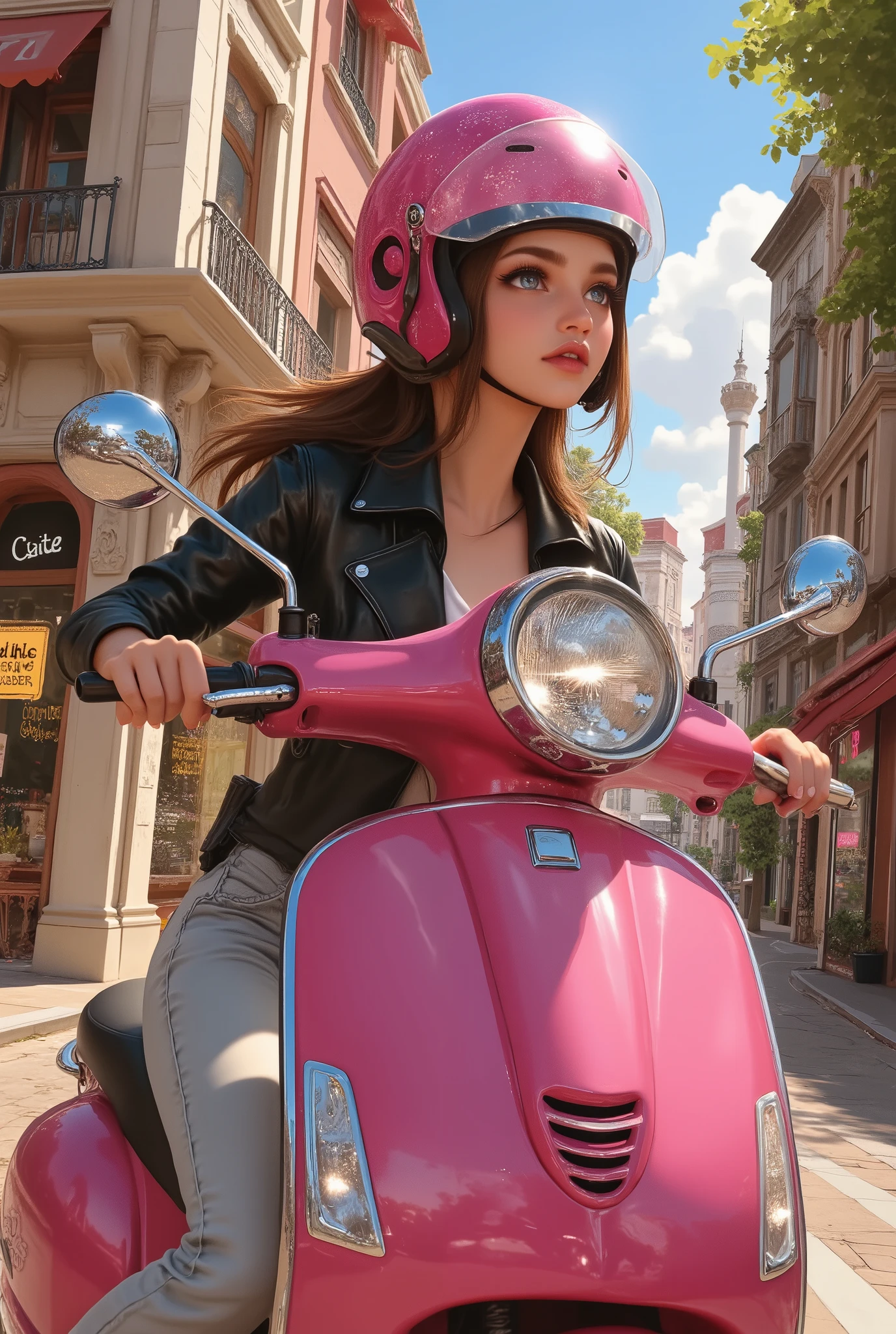 A young woman driving a pink Vespa through the streets of an Italian city. She wears a pink helmet, a black leather jacket and light jeans., scenery, anime style,