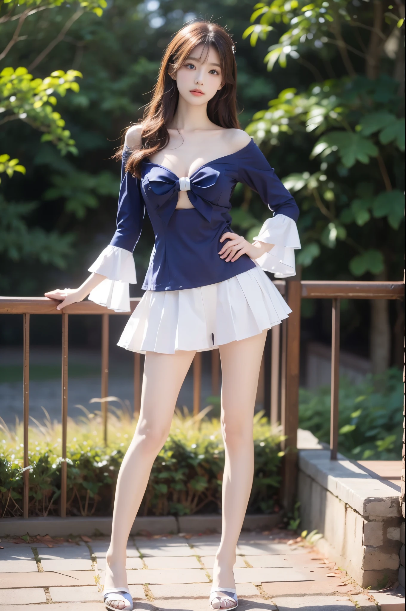 One super beautiful beautiful Korean woman,masutepiece, Best Quality, Ultra-detailed, finely detail, hight resolution, in 8K, ((Photorealsitic:1.4, Raw photography, 超A high resolution,Top image quality: 1.4)), ((Super Korean idol-class beauty:1.3)), (face is round and small), （((The nose is symmetrical and narrow:1.4))）,(The ratio of the transcendental nose is symmetrical and small and high.),Wallpaper, ((1 with perfect full body composition.5)), Beautiful detailed eyes, Natural Color Lip, ((a serene smile:1.5)), ((Random and cute bangs see-through hairstyle)), ((One-piece coordinating clothes in random colors:1.5)), ((big breast size：1.5、cleavage of the breast:1.2)), ((Wear random and cute skirts:1.5)), ((Only one mole just above the tear bag:1.2)),((Azalea field is in the background:1.4)), ((random happy expression)),Highly detailed and natural lighting)),((thigh visible:1.5)),BREAK((I hold the hand of someone other than myself that has reached out.：1.5)),date with a man：1.5,Looks like a random little devil：1.3,