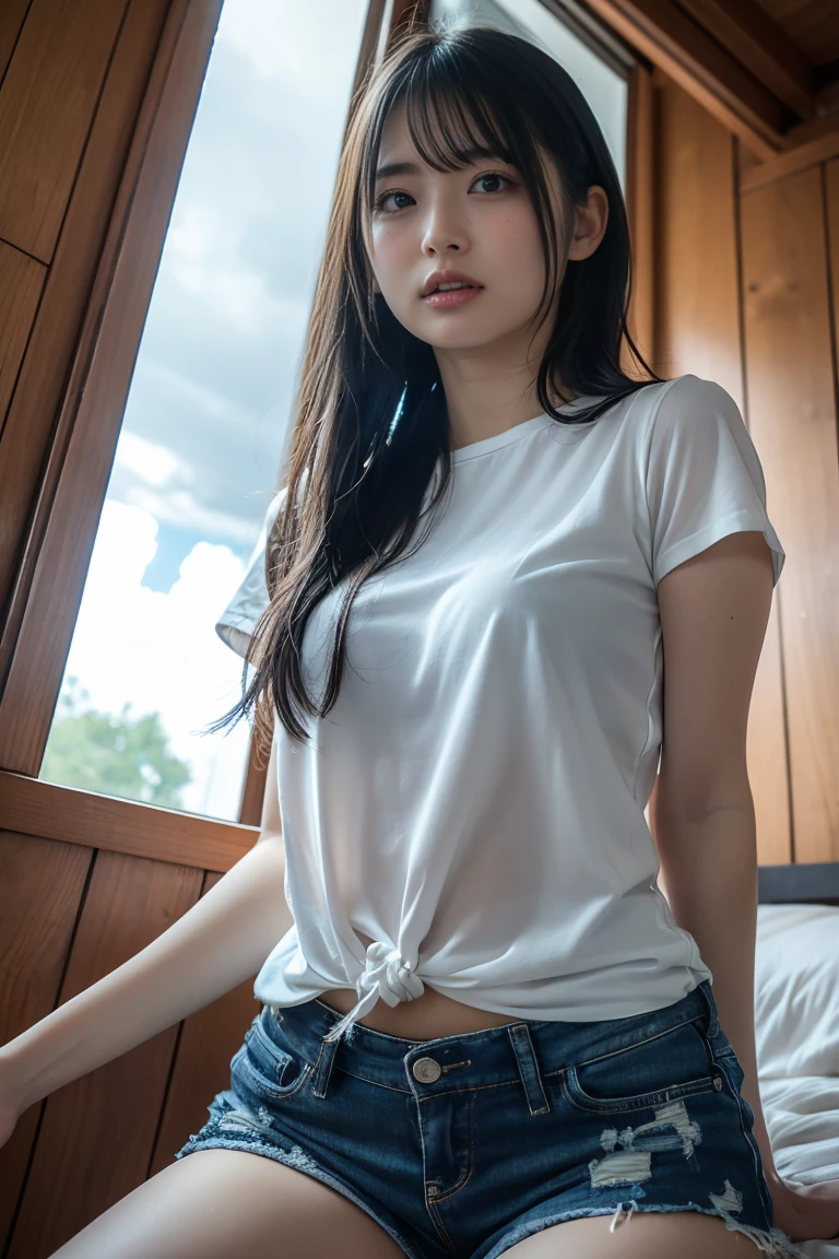 (RAW photo:1.2),(photorealistic:1.4),(masterpiece:1.3),(best quality:1.4),ultra high res, HDR,8k resolution, dreamlike, check commentary,commentary request,scenery,((no text)), solo focus, (detailed eyes),(detailed facial features), (detailed clothes features), skin tight, (shiny skin),(slender),(plump),(beautiful face), 1girl, VirtualGirl-Ren, young, bangs,black hair, half closed eyes,open mouth, loose shirt, moaning, bashfully,cute, look straight into the camera,highres