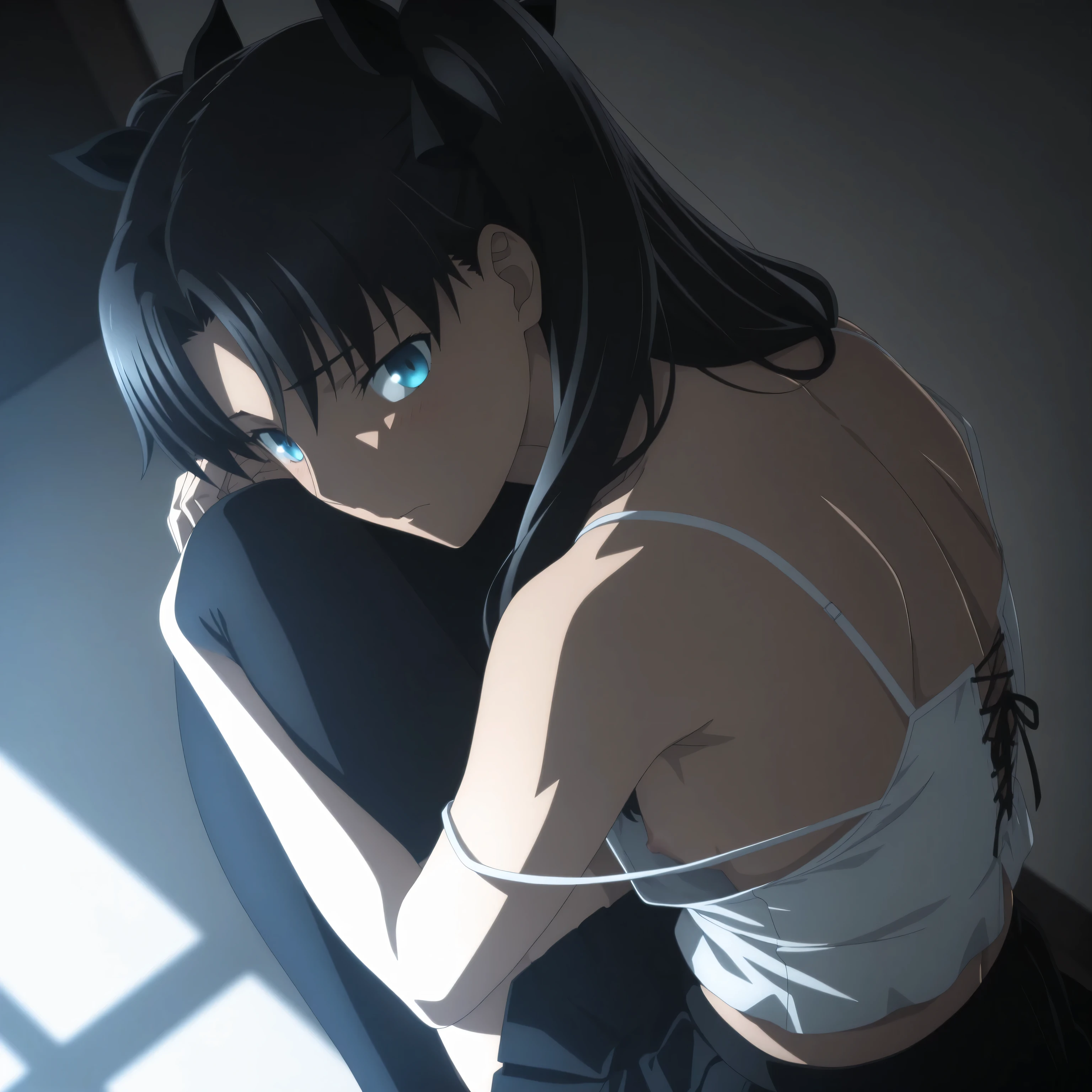 masterpiece, best quality, amazing quality, highres, absurdres, very aesthetic, high resolution, ultra detailed, perfect details, midnight, , indoors, ufotable style, ((from above, from back)), blue hour, backlight,
1girl, ufotable style, anime style, (anime coloring:1.5), (anime screencap:1.2) ,(aged up),
girl, mature, slim body, slender body, ,tohsaka rin, long hair, blue eyes, black hair, two side up, hair bow, black bow, parted bangs, fetal position, sitting, , (knees to chest), long legs,
(show off nipple), nipple slip, RinCamisole, white camisole, strap slip, cross-laced top, bare shoulders, navel, black skirt, pleated skirt, black thighhighs ,small breast, (looking back), expressionless, (embarrassed), ,