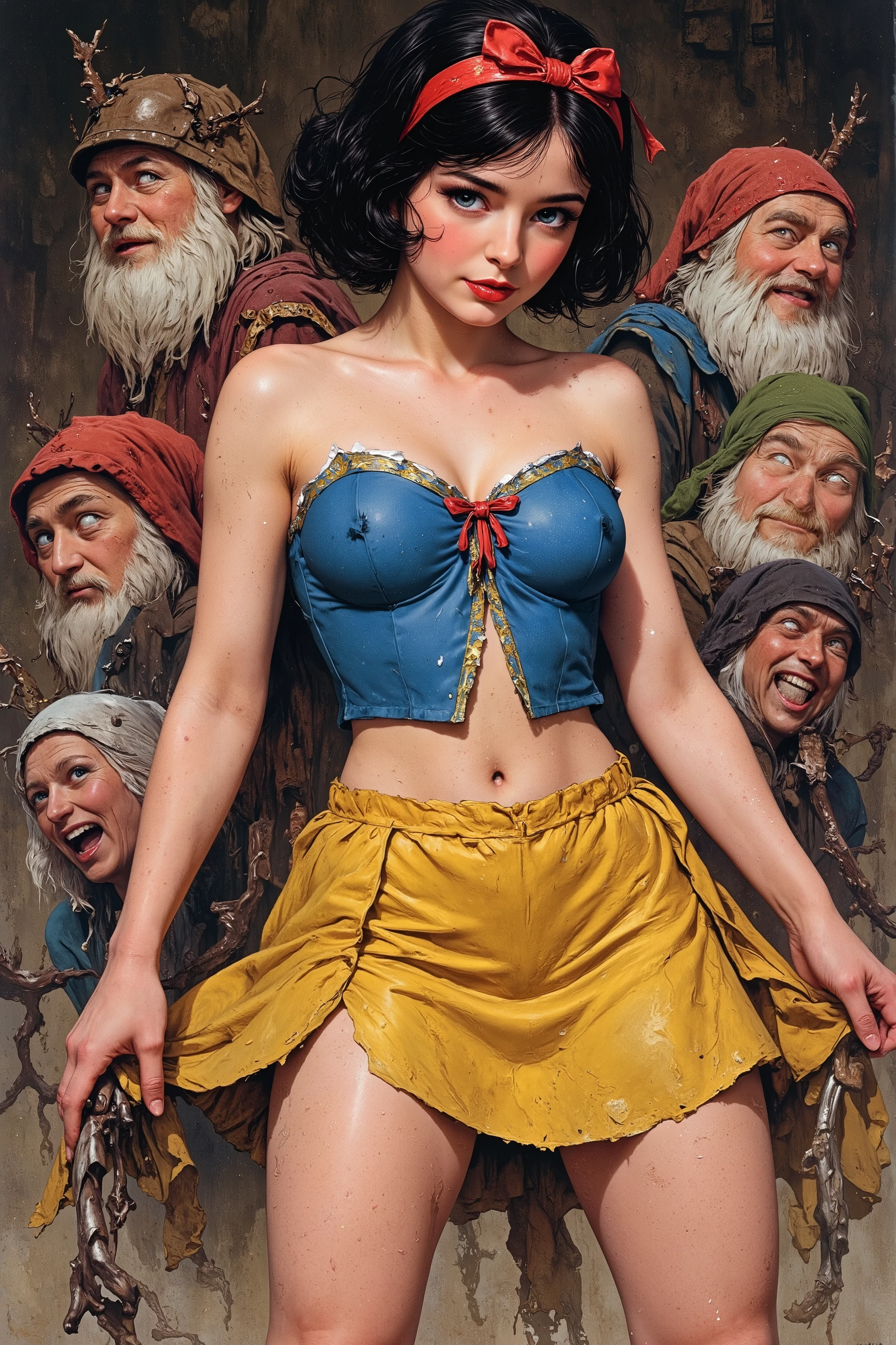 mvpstrCE style, "SNOW WHITE the SEX SLAVE",
NSFW, photo realism,
1girl, 7guys,
Young Snow White is made a sex slave by the seven violent dwarfs.
Snow White's very white skin has also been stained by the violent dwarfs.
Snow White is wearing the same headband with a big red ribbon, blue open bodice and yellow mini flare skirt she wore when she was captured by the violent dwarfs, but all of these have been stained, destroyed and torn to pieces by the violent dwarfs,