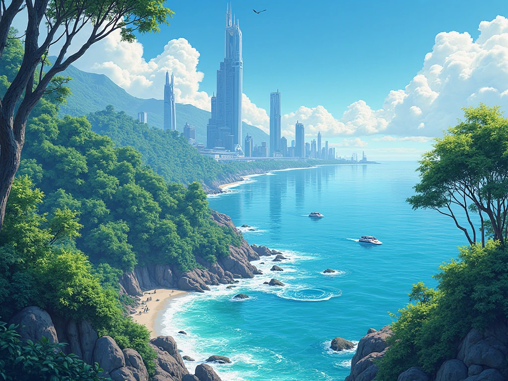Generate a manga cover of a beach with a forest on the coast and a futuristic city on the horizon facing the sea with two futuristic boats on their way to the coast 