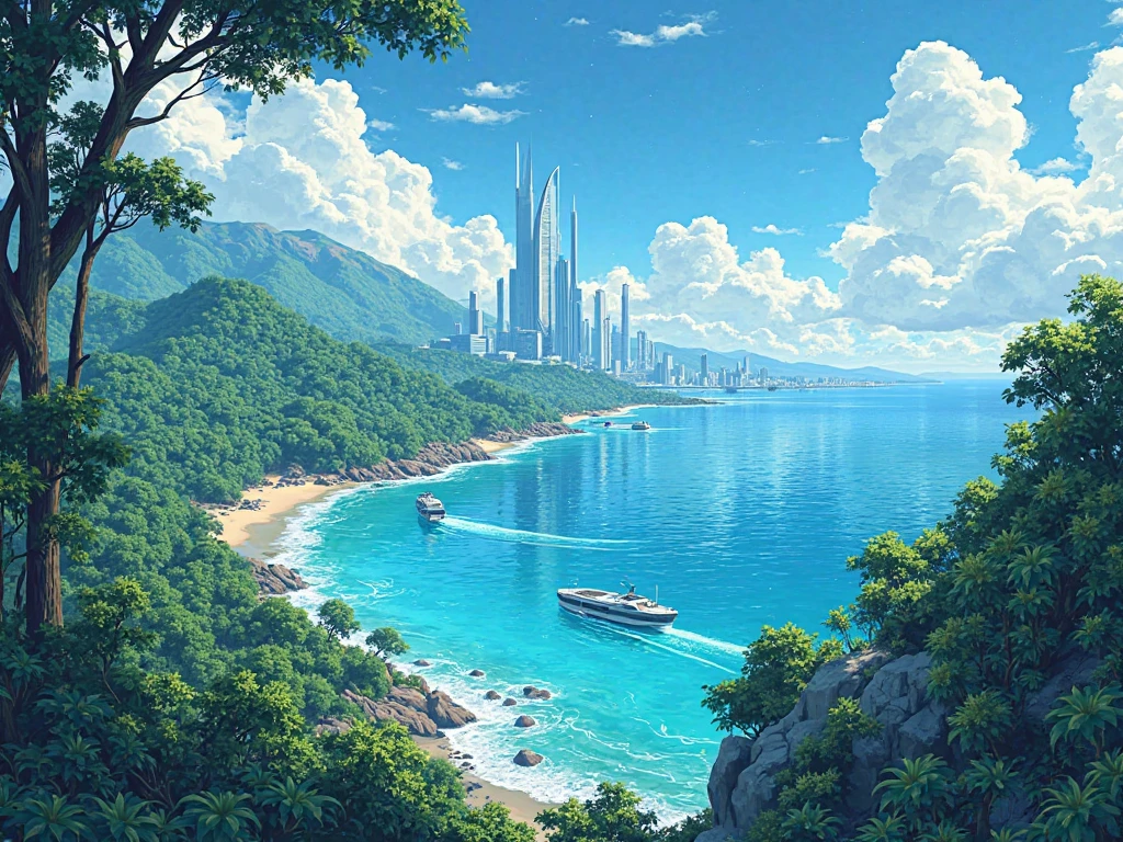 Generate a manga cover of a beach with a forest on the coast and a futuristic city on the horizon facing the sea with two futuristic boats on their way to the coast 