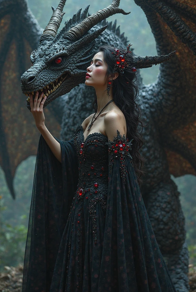 Dark elven princess with horn headpiece and black dress covered with red gems, petting a dragon