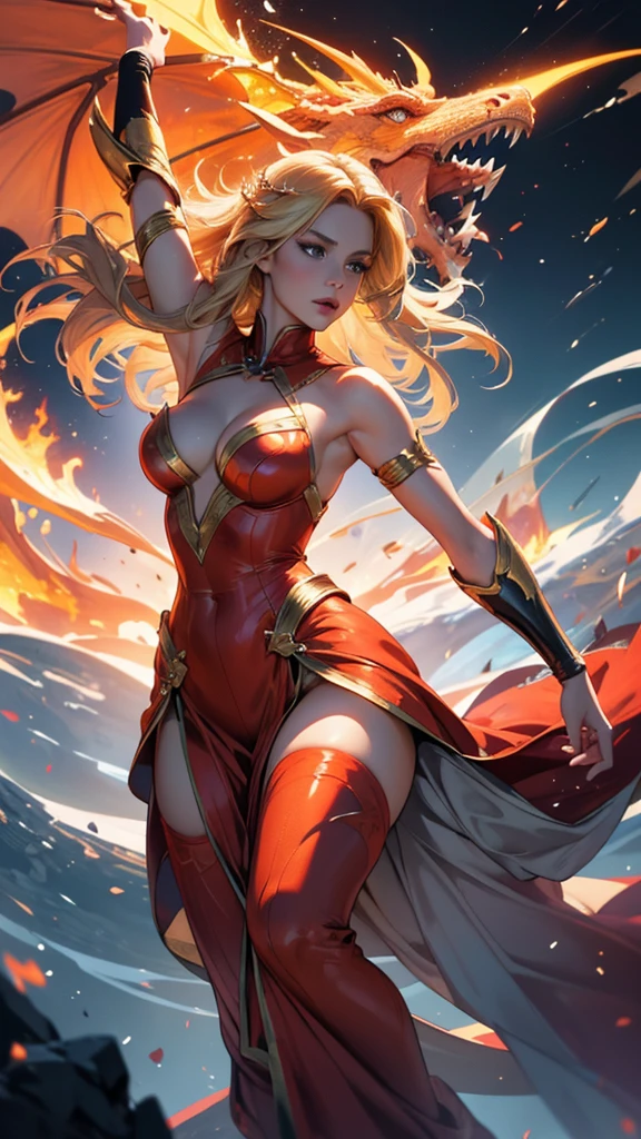 (master piece:1.8), (best quality:1.8), (exquisite lighting and shadow, highly dramatic picture, cinematic lens effect) 8k, wallpaper, dynamic pose, one foot in the floor one bend leg in the air, looking at the viewer, Full Body super sexy female long gray hair waving in the air dark fantasy warrior lady wearing an elaborate futuristic thin super hero red and white suit with white lines no sleeves, with a big shiny gold crown with red gems, with large middle thighs red leather boots, holding two fire balls in the air, thin waist, notorious hips, super sexy girl, frown look in the eyes, fire explosion behind, ethereal lightning, sharp focus
