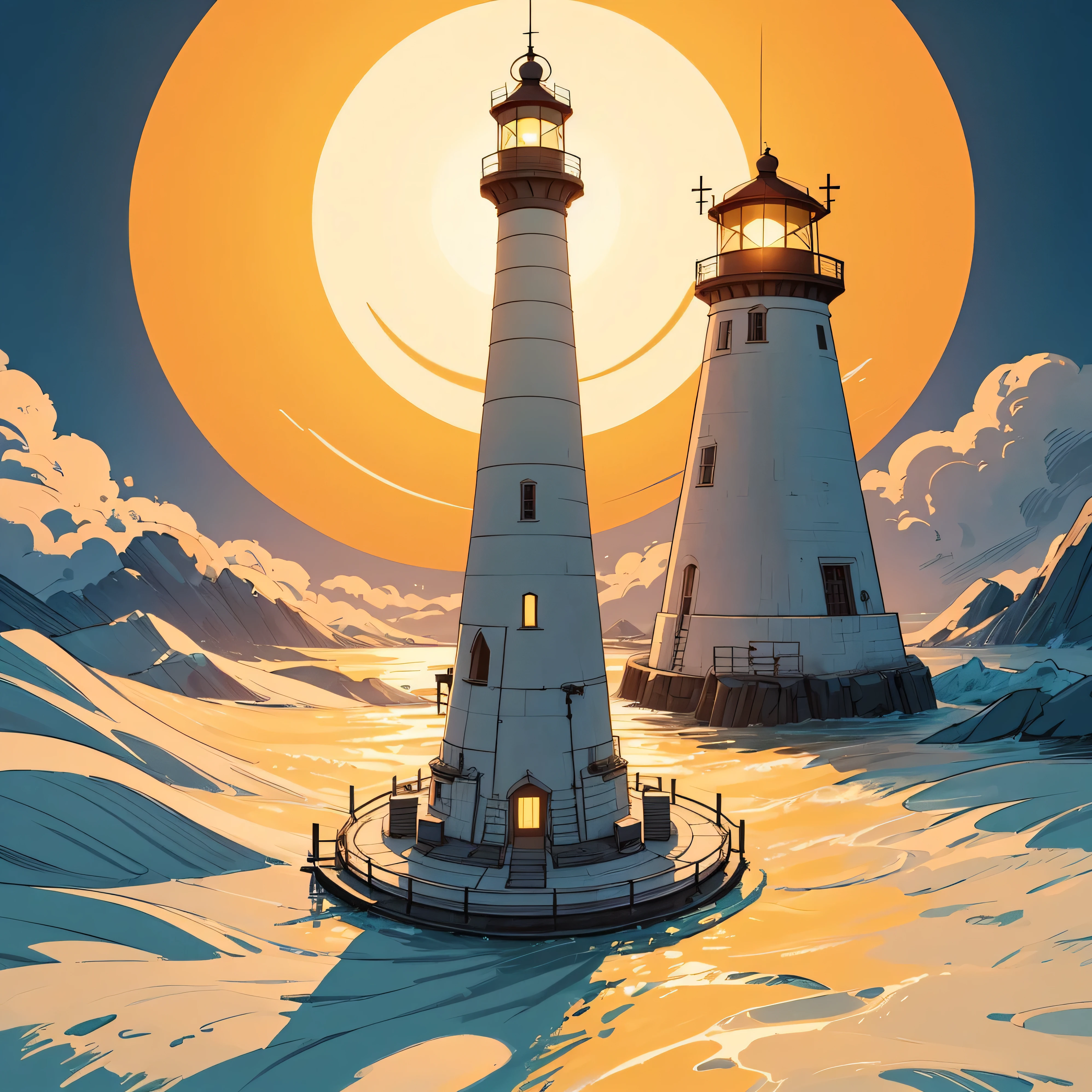 cartoon drawing of a lighthouse with a bright yellow sun on the back side, logo without text, tower, cartoonish and simplistic, colored illustration, illustrated logo, cartoon image, logo art, best logo, HD