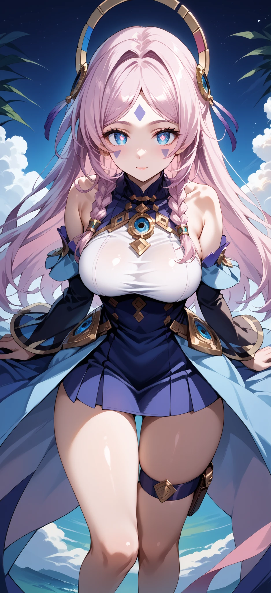 score_9, score_8_up, score_7_up, source_anime, 4K,perfect fingers,(perfect hands, perfect anatomy),prefect lighting, very aesthetic, intricate details,highly detailed background, masterpiece, high quality, best quality,
citlali, blue eyes, bright pupils, facial mark, long hair, multicolored hair, pink hair, purple hair, hair intakes, braid, twin braids, parted bangs, hair ornament,Large Breast
wearing ((thigh strap, detached sleeves, bare shoulders, dress, )) ,,
dutch_angle, pov, from_above,