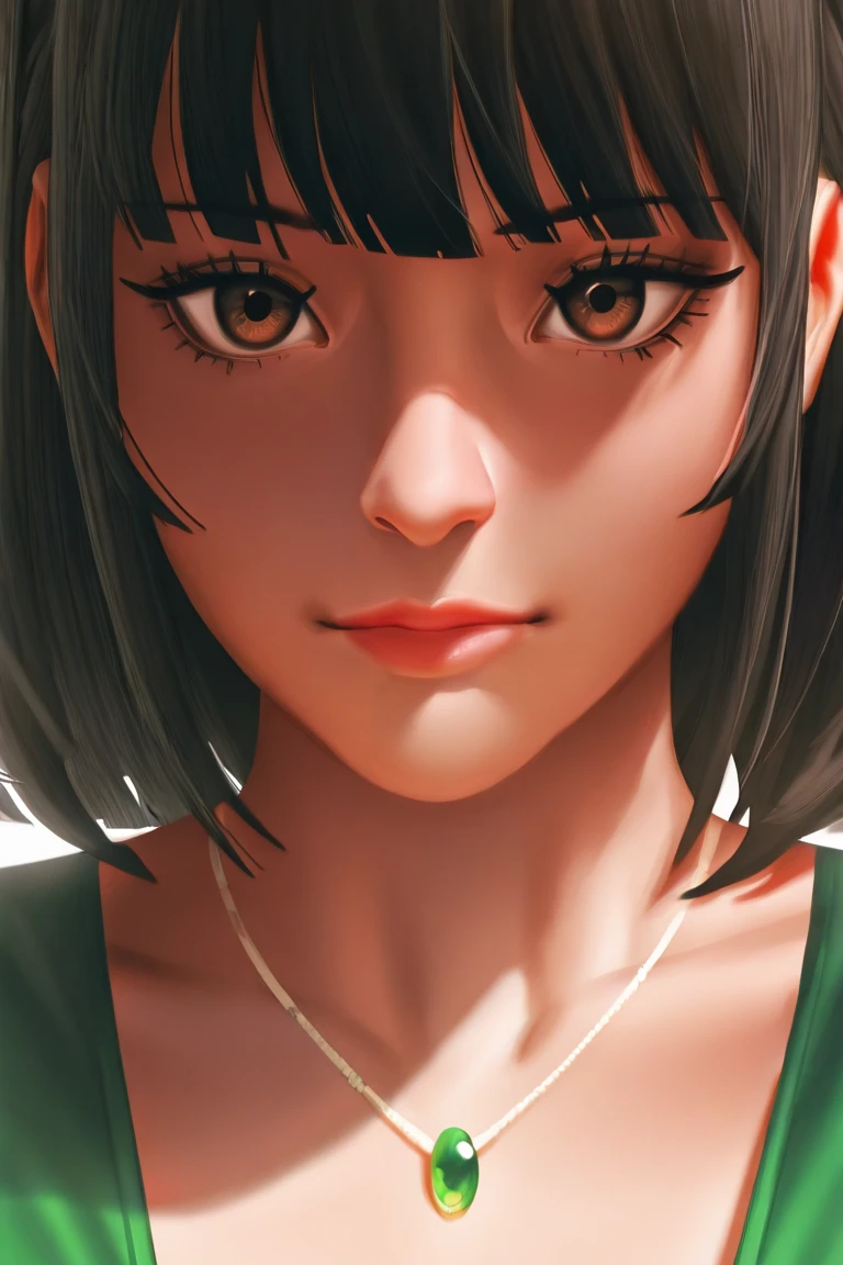 Close-up of a woman wearing a necklace in a green dress, guweiz style artwork, Realistic Anime 3D Style,  beautiful anime portrait ,  anime realistic style , Detailed portrait of an anime girl, Francesco Hayez's Inspiration, author：Yang J, Stunning Anime Figure Portrait, His True Face Revealed, Portrait of anime girl, beautiful anime style