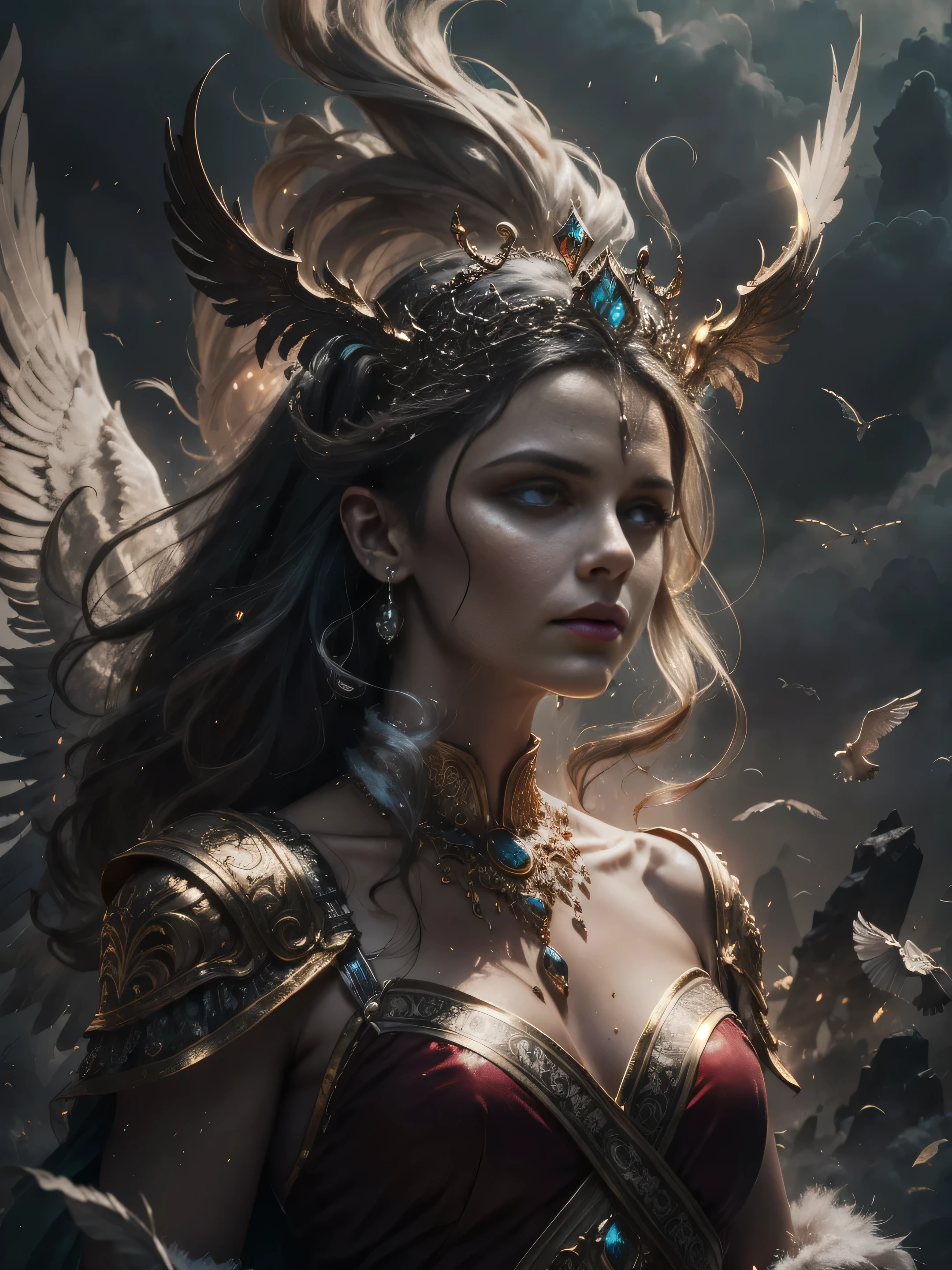 bust-up shot, divine female warrior goddess inspired by Roman mythology, powerful expression, wearing ornate celestial armor with golden engravings, glowing red cape draped over her shoulder, radiant Roman helmet with halo-like crest, glowing eyes, magical aura surrounding her head, floating ethereal feathers, backlight effect, dramatic magical particles, digital painting, mythological fantasy style, cinematic focus, golden and crimson color scheme, ultra-detailed face, HDR, RAW, 8k, masterpiece, beautiful composition