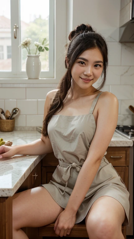 Foto profissional, uma mulher com cabelos ruivos, Asian traits, usando um vestido, Background is a coffee shop