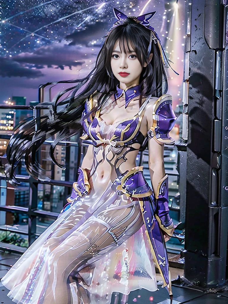 Vertical screen、Full Body、A beautiful Japanese warrior with cosmic beauty stands。She has a strong presence against a vibrant orange background.。Mint green short hair、It has a pair of large horns on its head.。Her expression was serious and、Makes you feel strong-willed。

Her outfit is very distinctive、Featuring metal armor and fantasy-inspired decoration。The armor is a shiny metallic color.、Blue or purple、The black shades are perfectly combined。Shoulders and arms、The legs have complex mechanical parts.、It seems to have improved mobility and defense.。Her left arm is especially heavily armored.、It seems to function as a key element in attack and defense in battle.。

She has big wings spread across her back.、これもBlue or purpleの色合いで描かれています。The wings are designed to resemble a dragon.、It emphasizes her fantasy element.。Also、She has a long tail growing from her waist.、This tail is also made up of mechanical parts.。

In her right hand she holds a huge sword.、This sword is designed to look as if it is one with the machine.。The blade of the sword is sharp、It appears to emit a blue light。The sword hilt has intricate mechanical details.、It shows that it is her powerful weapon.。

Under her costume、I see a white frilly skirt、The design combines the strength of a warrior with cuteness.。Overall、Her designs have a unique style that combines futuristic technology with fantasy elements.。

The background is a simple orange color.、It&#39;s an effective contrast that brings out the strong presence of the characters.。The overall colors are vivid、It&#39;s a very visually striking image.。This image is、A story of a powerful female warrior in a world where the future and fantasy intersect、It&#39;s a very artistic piece.。