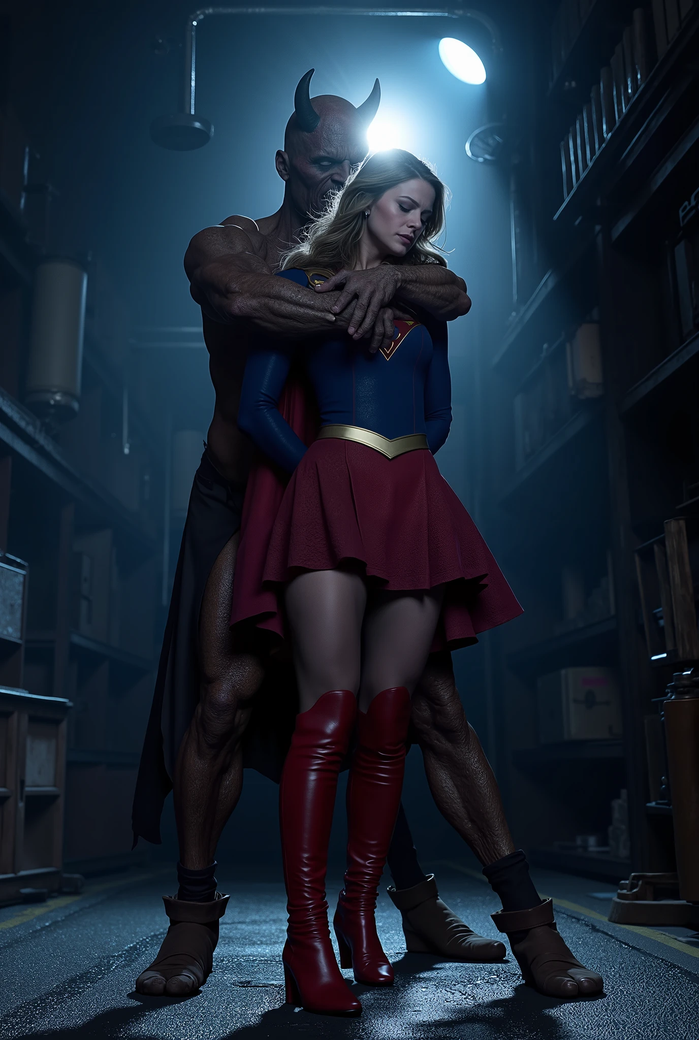 Melissa Benoist as Supergirl, (a very short skirt), both arms behind her back, wearing a Supergirl costume, blue shirt and red skirt, (upskirt:1.8), red high boots, she is sexual assaulted from behind by a devil, embarrassment, ((painful face)), (Supergirl is crying in pain), he is hugging her tightly from behind, whole body from head to feet are visible, in the factory, night time, bright spot lighting,