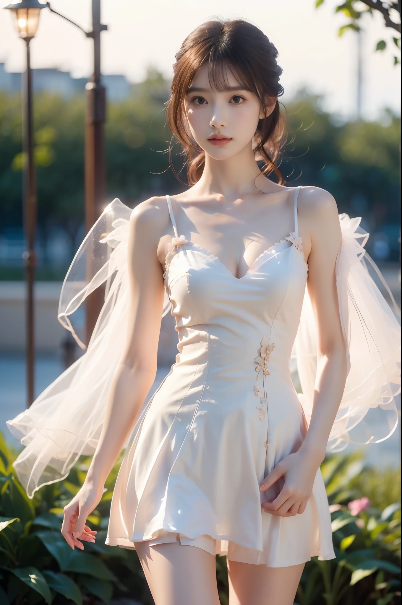 best qality，Jeizuo，super high resolution，（Realism：1.4），นมใหญ่, Blue sky and white clouds，A sea of green grass and flowers，Original photo，24-year-old sexy model，Nice face，Charming eyes，Slim figure，Long hair fluttering in the wind，White transparent gauze garment，White transparent skirt，Messy tops，Half-exposed chest，The shoulder straps slip off，Sexy legs，A skirt that flutters in the wind，Sit on the grass，Warm colors，Dark tones，A bottom-up perspective，incredibly detailed，Super detailed