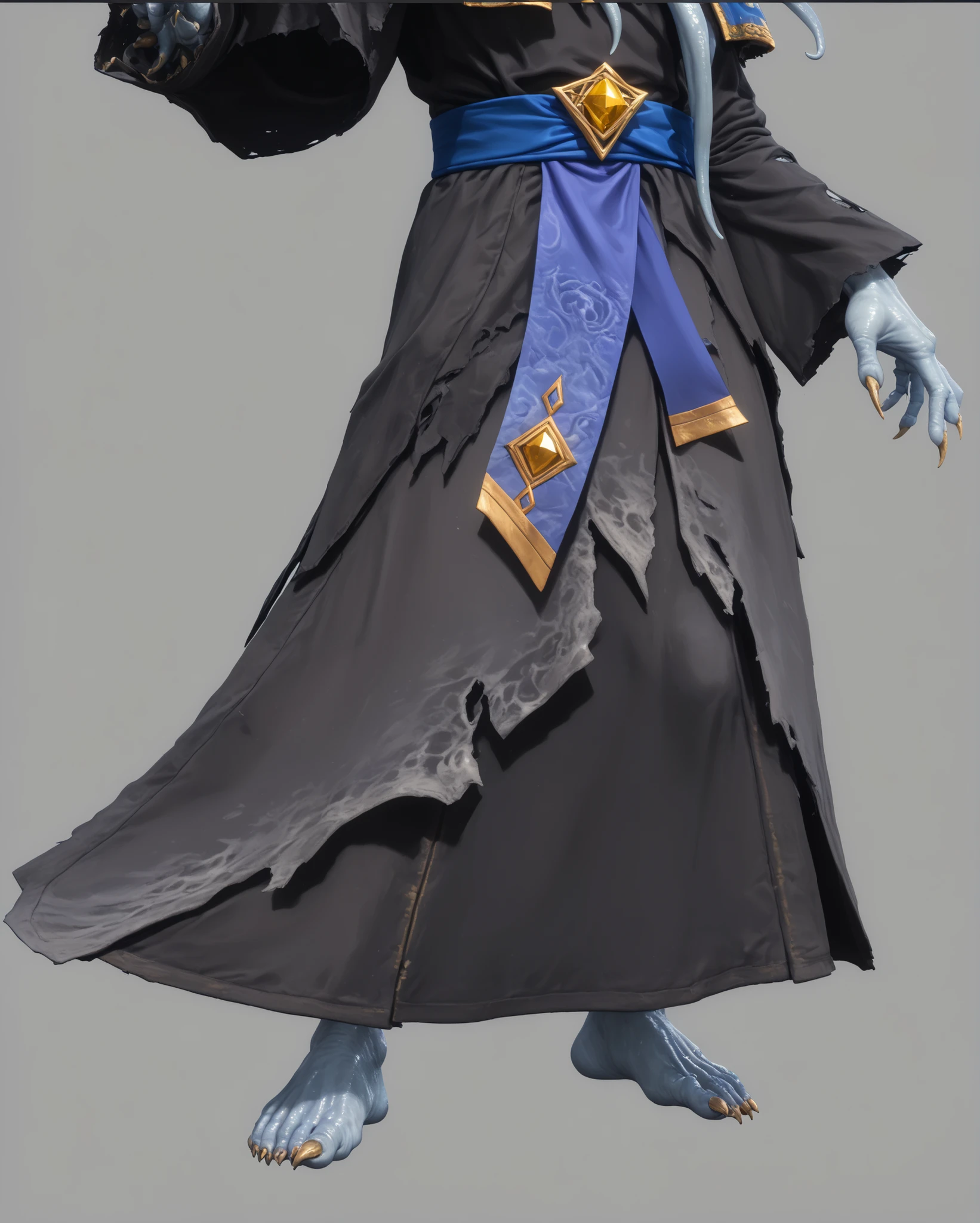 A detailed 3D rendered lower body view of a Cthulhu-inspired mage character, (UE5 rendering:1.4), (severely worn and tattered dark gray robes:1.5), (frayed fabric edges with visible threads:1.4), (multiple tears and holes in fabric:1.3), (weathered and aged cloth texture:1.5), (plain dark fabric with no patterns:1.5), (royal blue sash with gold trim:1.4), (golden diamond-shaped emblem on waistband:1.3), (jagged uneven hem on robe:1.4), (asymmetrical torn layers of fabric:1.3), (pale blue humanoid feet with claws:1.4), (webbed toes with gold toe rings:1.3), (eldritch horror aesthetic:1.2), (high-resolution fabric textures:1.4), (PBR materials:1.3), (Unreal Engine 5 quality:1.4), (realistic cloth physics:1.3), (worn fabric with faded areas:1.4), standing pose against gray background, (lovecraftian creature design:1.2), (detailed fabric damage and distress:1.5), (ray-traced lighting on fabric:1.2)