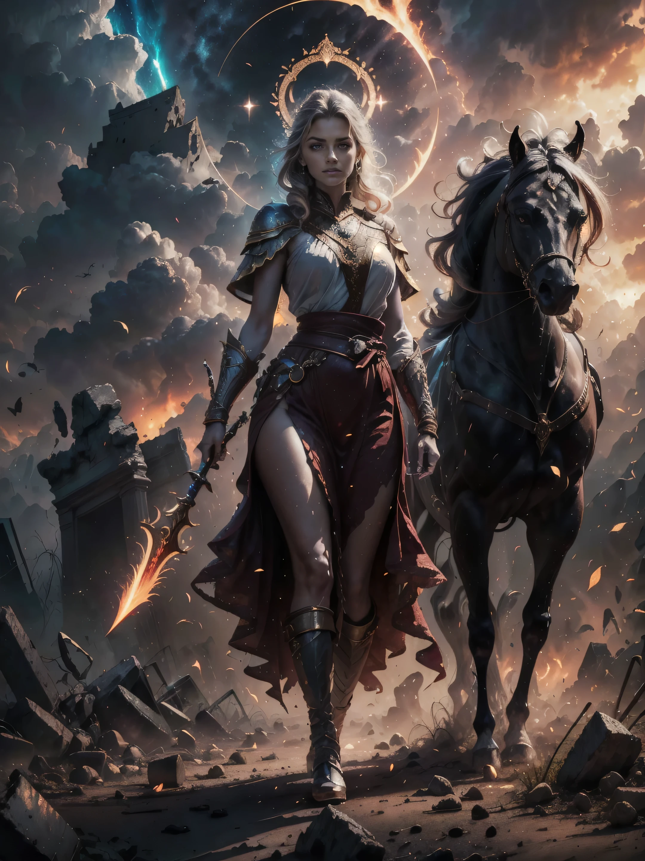 low angle, full body shot, divine female warrior goddess inspired by Roman mythology, wearing ornate celestial armor with golden engravings, red flowing cape, Roman helmet with radiant crest, holding glowing gladius and enchanted shield, golden halo behind her head, ethereal feathers floating around, magical aura surrounding her, standing in a burning mythic battlefield near a ruined temple, digital painting, mythological fantasy style, cinematic atmosphere, sunset and golden lighting, sacred color palette (white gold, crimson, amber), HDR, RAW, 8k, masterpiece, ultra-detailed, glowing particles, epic composition