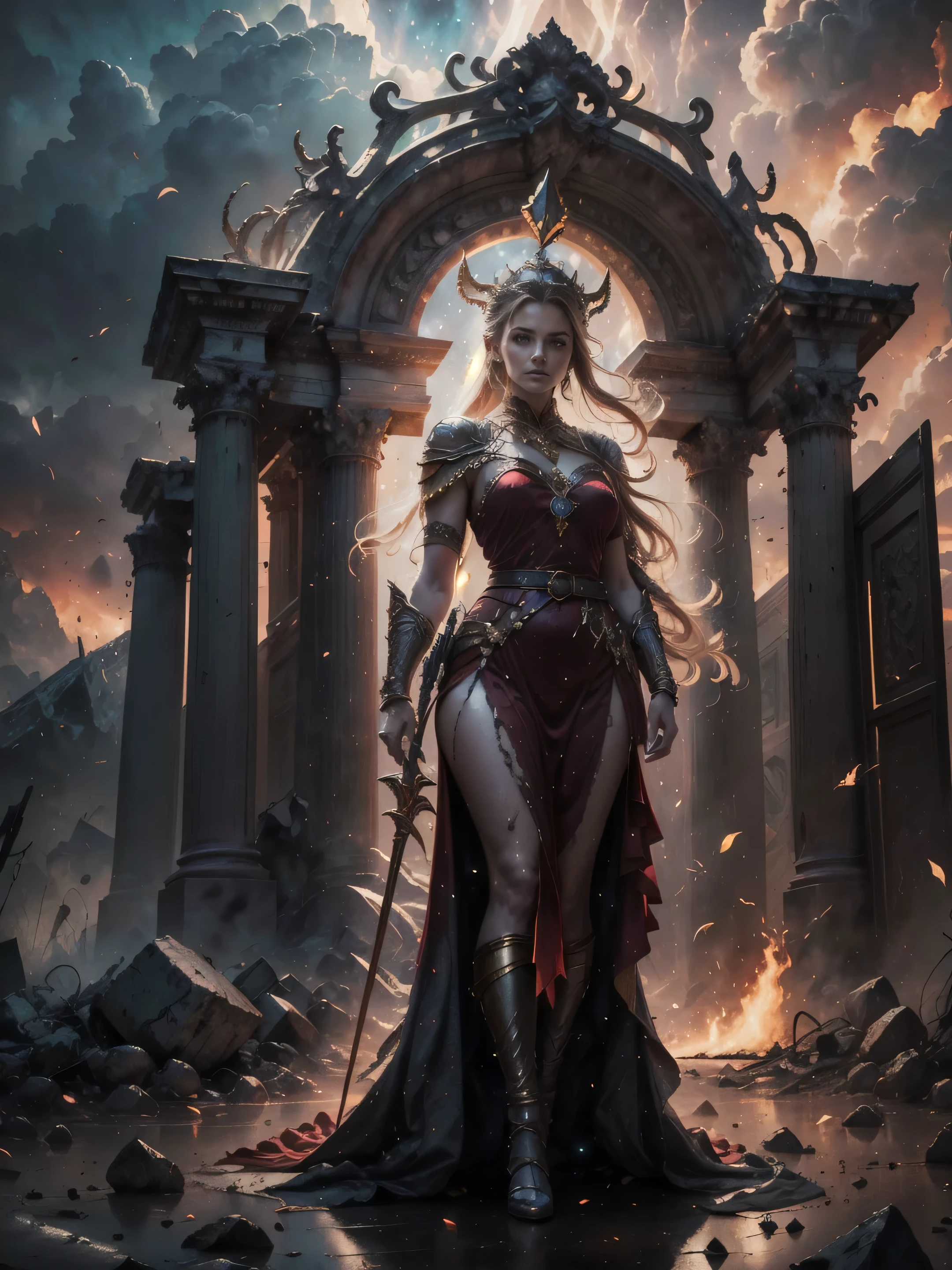 low angle, full body shot, divine female warrior goddess inspired by Roman mythology, wearing ornate celestial armor with golden engravings, red flowing cape, Roman helmet with radiant crest, holding glowing gladius and enchanted shield, golden halo behind her head, ethereal feathers floating around, magical aura surrounding her, standing in a burning mythic battlefield near a ruined temple, digital painting, mythological fantasy style, cinematic atmosphere, sunset and golden lighting, sacred color palette (white gold, crimson, amber), HDR, RAW, 8k, masterpiece, ultra-detailed, glowing particles, epic composition