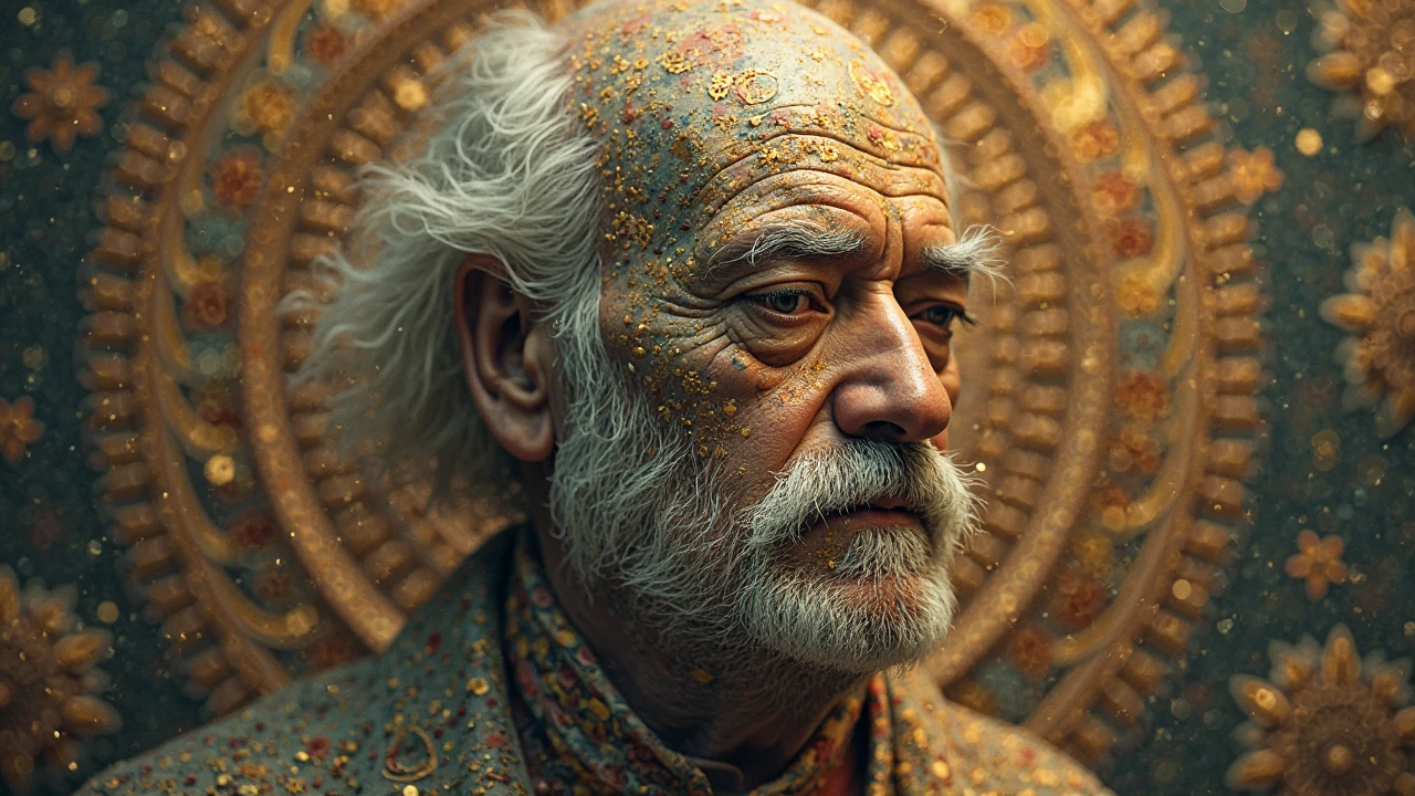 Zoom-in of Freud’s face morphing into ancient Buddhist symbols, golden threads connecting ideas of "ego" and "no-self", surreal psychoanalytic iconography mixed with Tibetan thangka motifs