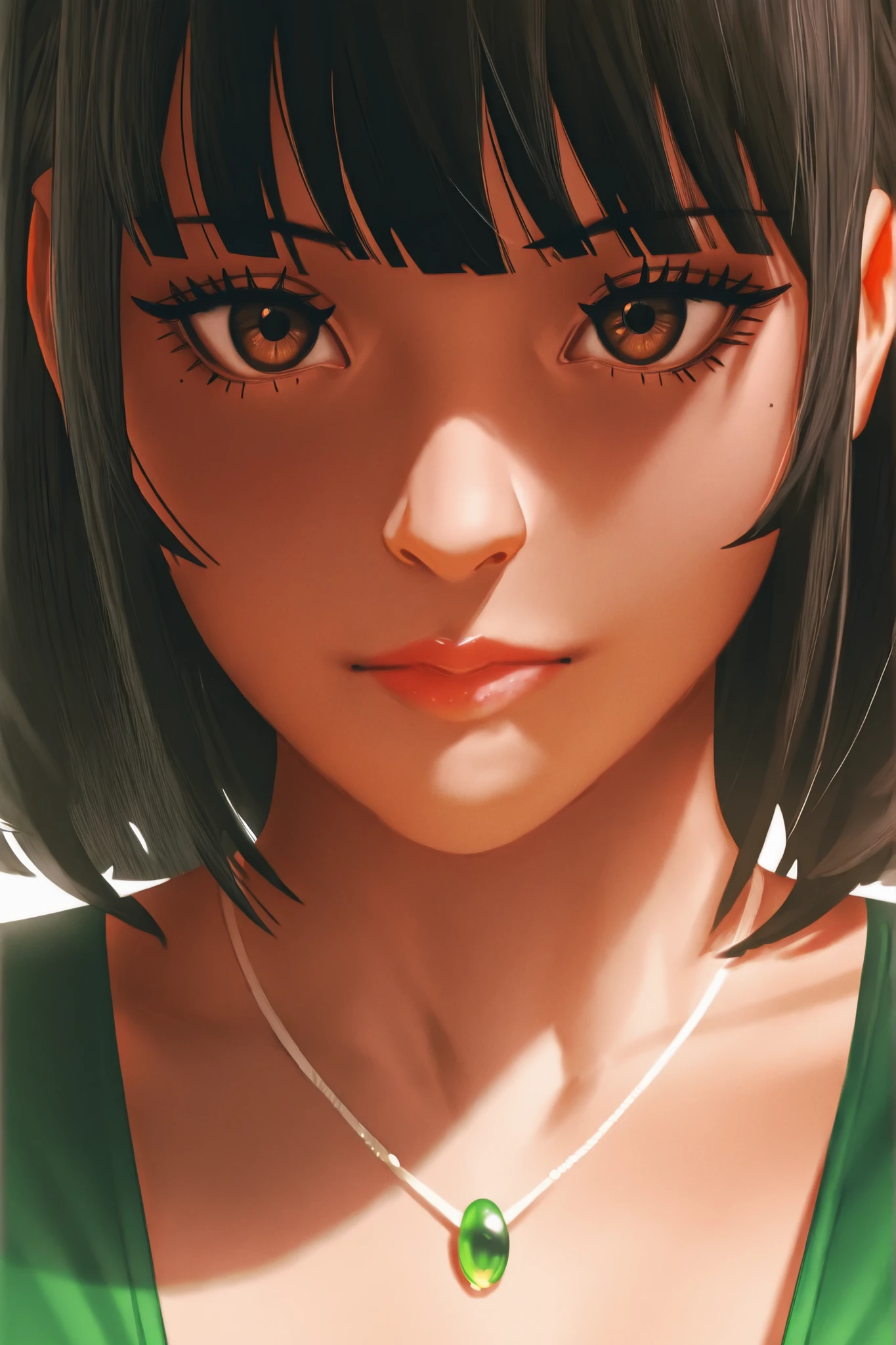 Close-up of a woman wearing a necklace in a green dress, guweiz style artwork, Realistic Anime 3D Style, beautiful anime portrait , anime realistic style , Detailed portrait of an anime girl, Francesco Hayez's Inspiration, author:Yang J, Stunning Anime Figure Portrait, His True Face Revealed, Portrait of anime girl, beautiful anime style