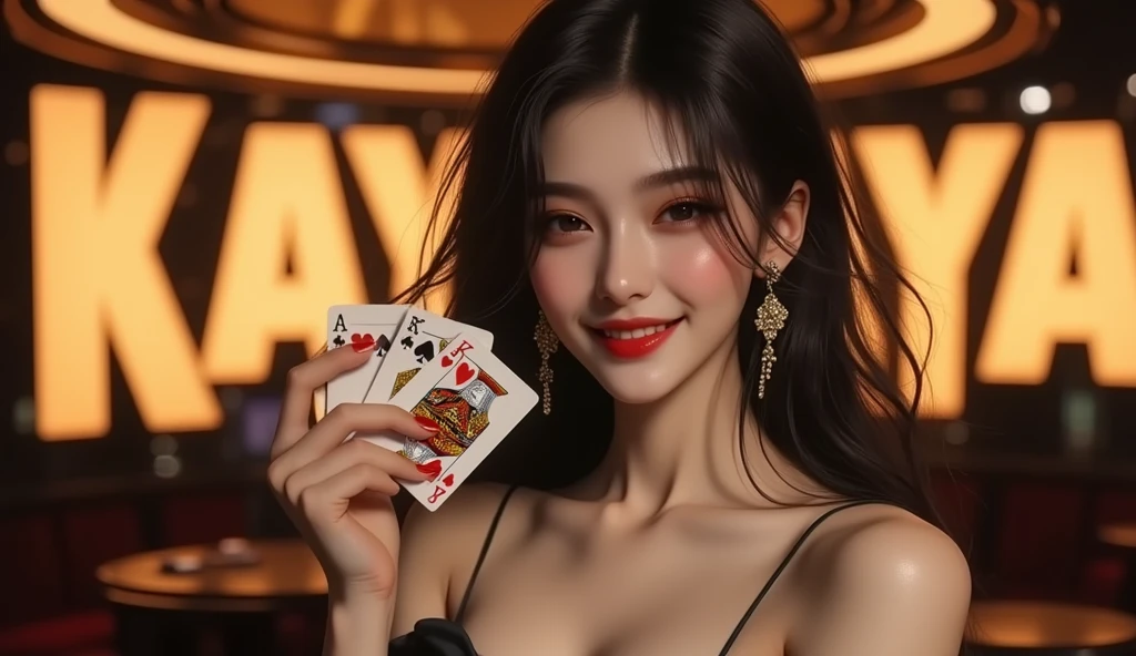 a close up of a woman in a red dress holding a card, li bingbing, online casino logo, poker card style, poker, casino, gambling, fan bingbing, gamin, playing poker, gorgeous lady, slick design, wonderful, classy, dilraba dilmurat, elegant pose, sakimi chan, tiffany, bond girl, red magic, astonishing
