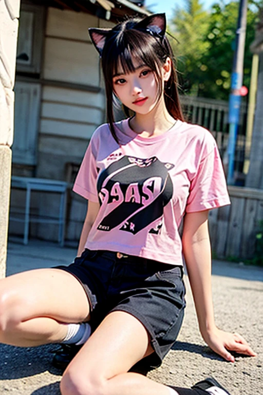 (1girl),Large breasts,marron marron,Dewy skin,sweatyskin,Wavy blonde,nylon tshirt,punk girl,Black pupils,cleanness,Small garden