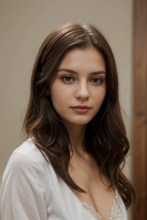 a Realistic photo of a d4k0t4 woman, long hair, looking at viewer, blue eyeackground, brown hair, white background, closed mouth, portrait, realistic, soft lighting, professional Photography, Photorealistic, detailed, inside a dark Studio Room background, blurred background, RAW, analog, sharp focus, 8k, HD, DSLR, high quality, Fujifilm XT3, film grain, award winning, masterpiece