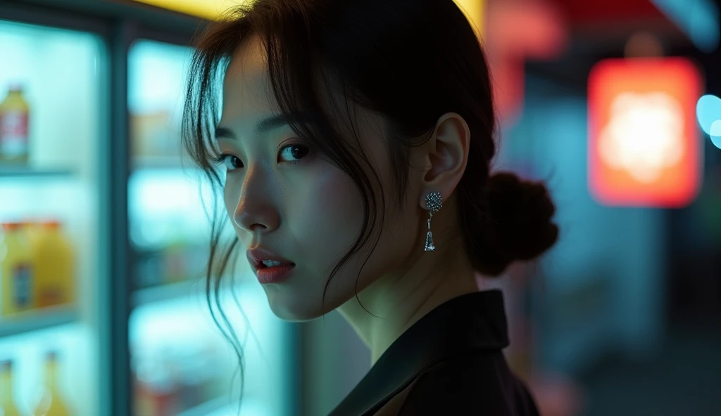 "A stylish young Japanese woman with the elegance of a movie actress, captured in a high-fashion photography style. She is shown in profile, with a calm and serious expression, not smiling. Her facial features are delicate yet striking, highlighted by moody and cinematic lighting. Her hair is styled in a modern and fashionable way—either sleek and straight, in soft waves, or elegantly tied back. She wears a chic, contemporary outfit that enhances her sophisticated presence. The background features the glow of a convenience store at night, with cool neon lights casting a subtle ambiance. The composition is artistic and atmospheric, with no hands visible in the frame."