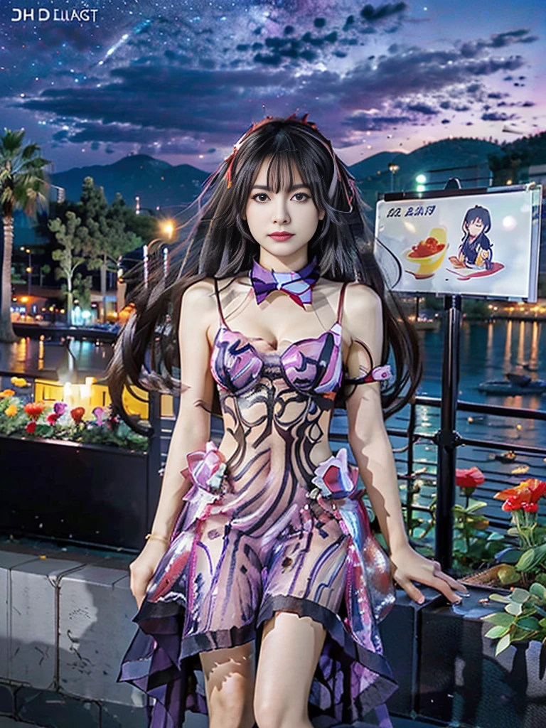 long sleeves, off shoulder bra navel layered skirt butterfly hair ornament ((Full body display, full-body shot)), Sweet maiden, sweet smile, Multi-colored hair，Striped hair，Cross Bangs，Messy hair，Colored contact lenses，Flower-shaped pupil，make up，shy，Blush，Parted lips，Heavy breathing，moan，torogao，Surrealism，Realism，Movie Lighting，Relief，Sony FE GM，Retina，masterpiece，precise，Anatomically correct，Textured Skin，Super Detail，High Detail，best quality，Beautiful dance dynamics, Bright pastel colors, Visible cleavage, Pretty and beautiful, Sexy long legs, Ethereal,Mixing reality and fantasy elements, Complex patterns, rich and colorful