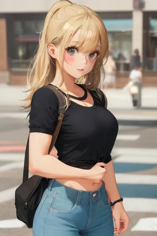 permed hair, by rubio, plain black short sleeve clothing, Ripped jeans, beautiful girl, big breasts, sexy,