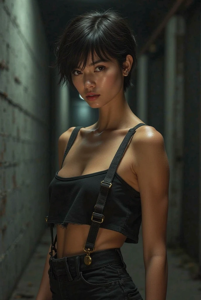 create images A young woman with short hair, dark and slightly messy, with bangs that fall softly on her A warrior. He has a serious expression and an intense look with large, dark eyes that stand out on his face.. Her skin is light and she has some visible freckles.. She wears a black top with straps. Your skin glows slightly, reflecting natural light, White background, realistic, 3D, style photorealistic anime 3 d stlyle, 2. 5 d cgi anime fantasy atwork, realistic anime style at prixiv, Artgerm ; 3D unreal engine