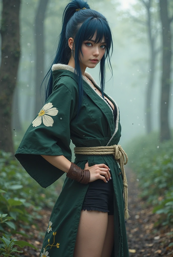 A hyper-realistic portrait of a beautiful woman resembling the character Guren from Naruto, imagined in real life. She has striking sharp blue eyes with a focused, confident gaze, and long indigo hair styled in a high, spiky ponytail, with soft bangs framing her delicate face. Her  features are elegant and refined, with pale skin, high cheekbones, and a small, pointed nose. She wears a dark green kimono-style coat with short sleeves, adorned with a large white flower pattern on the lower half and lined with soft fur around the collar. The coat is cinched at the waist with a thick, pale rope belt, tied in a traditional Japanese fashion. Underneath, she has a black undershirt and black shorts, and her outfit is completed with open-toed brown shinobi sandals and brown gloves. She stands confidently, one hand on her hip, in a misty forest setting with a muted green and grey color palette. The light filters softly through the trees, creating realistic shadows and textures on her clothes and skin. The photograph is captured on Fujifilm Pro 400H film, known for its fine grain, soft color rendering, and natural skin tones, giving the image a cinematic and timeless quality. Ultra-detailed, lifelike textures, natural lighting, and a subtle depth of field create a breathtaking sense of realism.