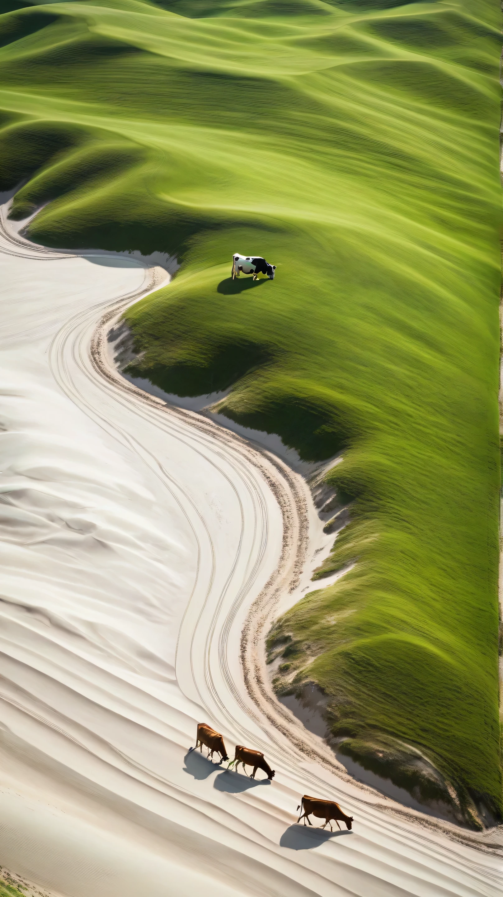 {
"prompt": " A vast with Large White sand pile 1:2,hills,aerial view, cow grazing on the grass,, soft sunlight, strong contrast between light and shadow, serene and natural atmosphere, rolling hills, vibrant green tones",
"size": "1024x1024"
}