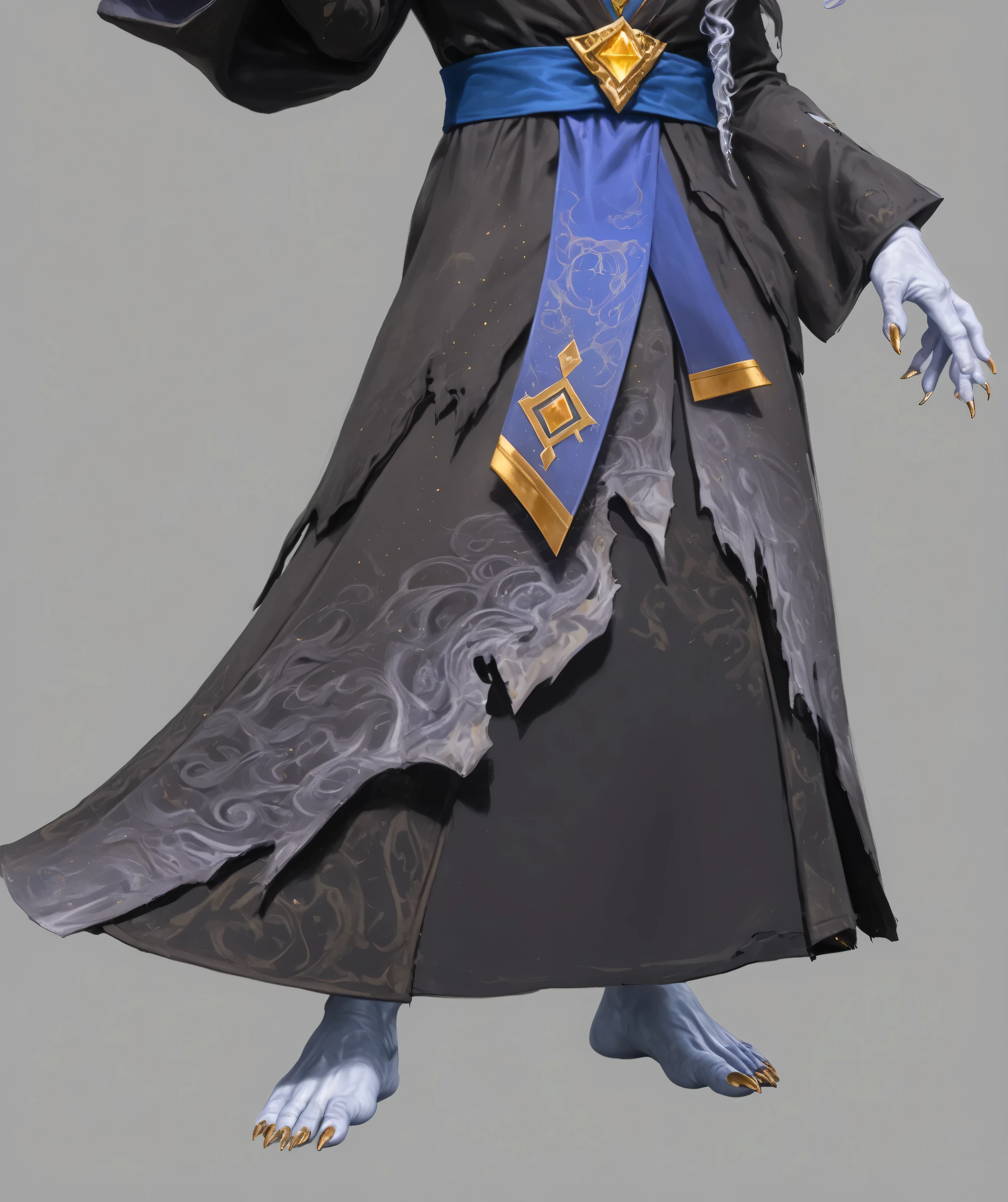 A detailed 3D rendered lower body view of a Cthulhu-inspired mage character, (UE5 rendering:1.4), (dark gray flowing robes with tattered edges:1.5), (royal blue sash with gold geometric trim:1.5), (golden diamond-shaped emblem on waistband:1.4), (layered torn fabric with jagged hem:1.3), (blue tabard with gold geometric designs:1.4), (pale blue humanoid feet with claws:1.4), (webbed toes with gold toe rings:1.3), (eldritch horror aesthetic:1.2), (high-resolution fabric textures:1.4), (PBR materials:1.3), (Unreal Engine 5 quality:1.4), (realistic cloth physics:1.3), (subtle purple gradient on lower robe:1.3), (asymmetrical robe design:1.2), standing pose against gray background, (lovecraftian creature design:1.2), (detailed fabric folds and wrinkles:1.3), (ray-traced lighting on fabric:1.2)