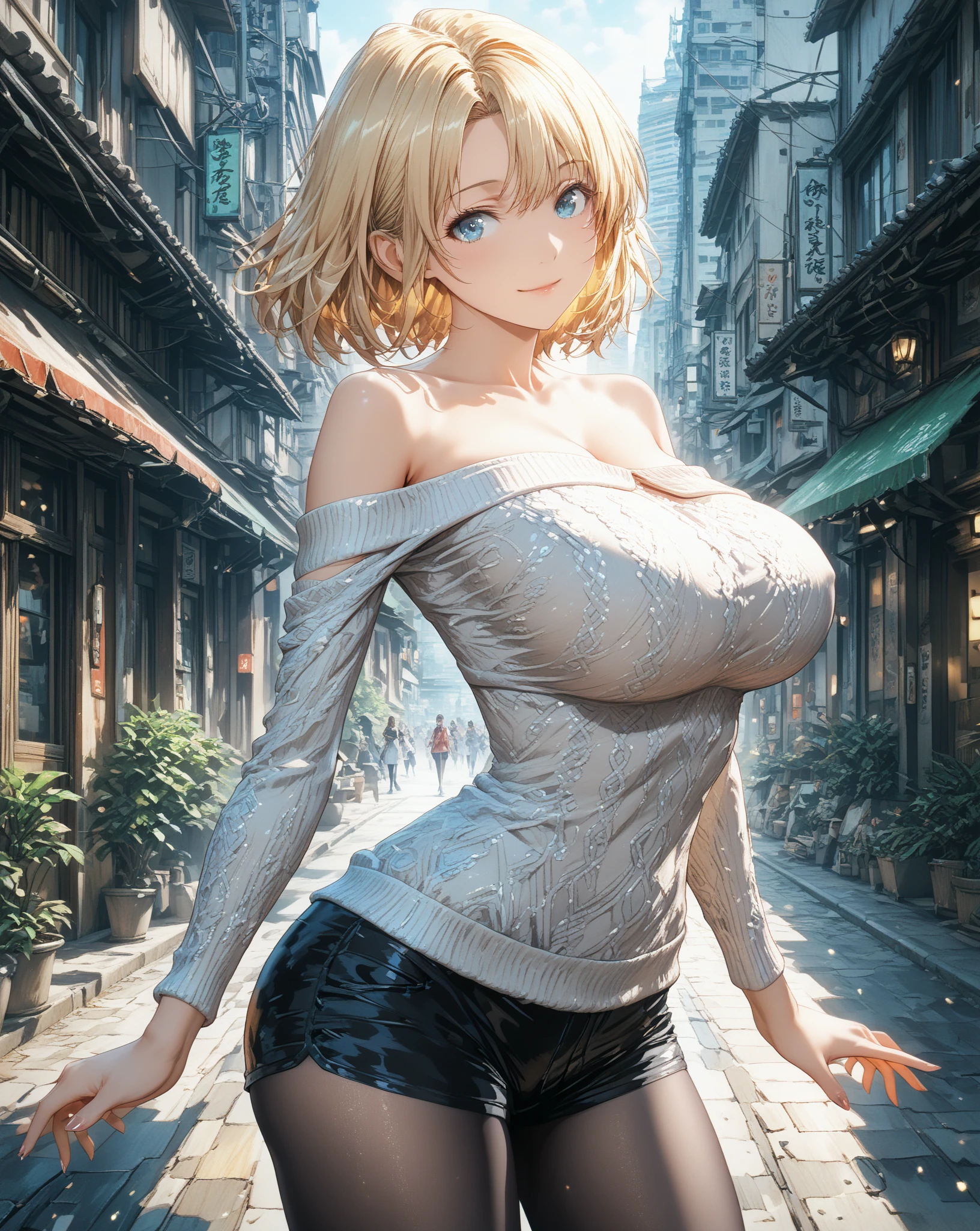 (((Close-up image of face:1.5, From below, Throw, armpit focus, Raise your arms, Put your hands behind your head))), (masterpiece, best quality:1.37), high resolution, Extremely detailed, Super sharp, rest, Korean school idol, (((1 Girl:1.37, Solitary))), (Beautiful anime face, Cute face, Delicate face), (Blonde hair:1.3, Thinning hair:1.3, (((Very short hair:1.3))), Bob Hairstyle, Bangs, Ji Qie), Delicate and beautiful blue eyes, rest, ((White T-shirt with details:1.5, shorts:1.5)), rest, Cute appearance, earrings, Detailed clothes), A faint smile, Shut up, Open your mouth, Pink lipstick, rest, ((Looking straight at you, Cowboy shooting)), Detailed human hands, HDTV:1.2, ((Detailed sunset Egypt downtown street scene background:1.3)), 8 so small, slim:1.15, Anime style, Anime style school girl, Perfect anatomical structure, Perfect proportion, Inspired by Kyoto anime and A-1 pictures, evening, Excellent lighting, Vibrant colors, Clear lines, Realistic and very slim figure:1.3),Huge breasts:1.4 Huge breasts:1.4，full, Firm breasts，Showing cleavage，Nipple protrusion，Belly button full breasts, Large Breasts, Slender sexy legs， Put your hands behind your head((Clear nipples))、Rocket , (Large Breasts),（because I&#39;Thin）