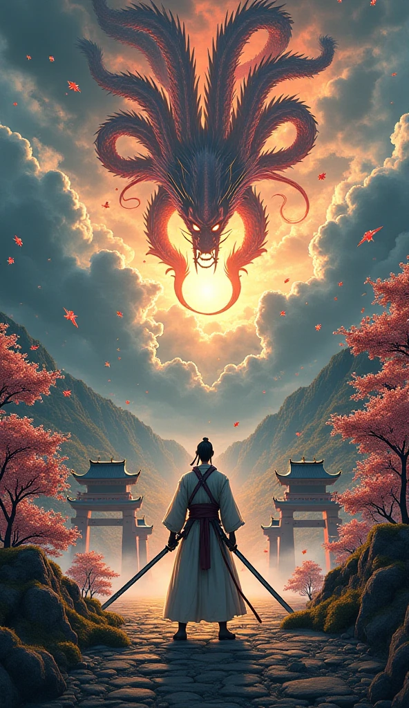 Susanoo vs Yamata no Orochi, epic anime-style battle in traditional Japanese setting, Susanoo as a noble anime samurai deity with flowing hakama and glowing katana, Yamata no Orochi as a colossal eight-headed dragon with ancient scales, dramatic stormy sky, sacred Shinto shrine ruins, cherry blossoms and maple leaves swirling in the wind, torii gates, misty mountains and sacred forest, golden light shining through clouds, detailed anime art style, inspired by ukiyo-e and traditional Japanese ink painting, cinematic composition, high detail, 4K