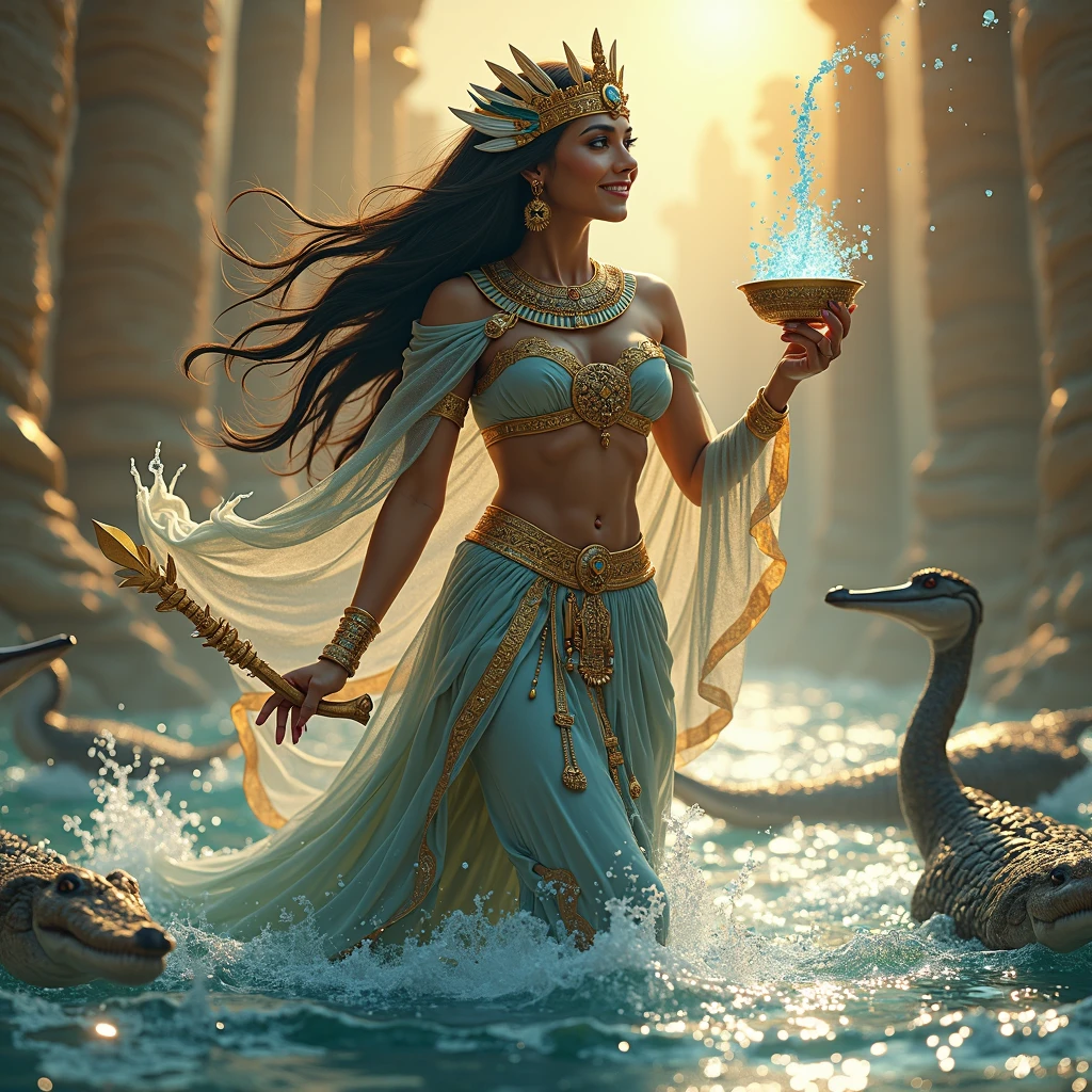 a goddess embodying the Nile, exudes divine balance and abundance. Her skin glows with golden reflections, as if kissed by the rays of the sun that dance upon the river’s waters. Her dark, long straight hair cascades gracefully, mirroring the fluid currents of the Nile. She wears a majestic crown adorned with both feathers and lotus flowers, intertwined with Egyptian symbols such as the solar disk and the cobra—representing her sacred connection to nature, rebirth, and the power of the gods. Her regal gown flows effortlessly, a rich tapestry of deep blue and silver waves embroidered with hieroglyphs and intricate designs of fish and lotus flowers. Its edges shimmer with golden accents, symbolizing the beauty and movement of the river. Draped over her shoulders is a fluid mantle, intensifying her aura of divine grace, calm yet piercing, holds the mysteries of the sacred river. In one graceful hand, she bears a cup overflowing with flowing water, signifying her role in maintaining balance—between prosperity, abundance, and the natural flow of life. In the other hand, she holds a scepter adorned with water crystals, emanating a soothing light that symbolizes her protective strength. At her feet, translucent waves of water swirl and dance in rhythmic harmony, accentuating her direct bond with the rivers she guards. Surrounding her are serene creatures, such as ibises and crocodiles, who accompany her and radiate an aura of unity and protection, her presence is a vivid blend of divine power, natural beauty, and the eternal equilibrium of life and water, expressions, seductive smile, Surrealism, high detail, masterpiece, accurate, anatomically correct, textured skin, super detail, high details, high quality, award winning, best quality, highres, 1080P, HD, 4K, 8k, 16k, random standing position, realistic, real person, HDR. UHD