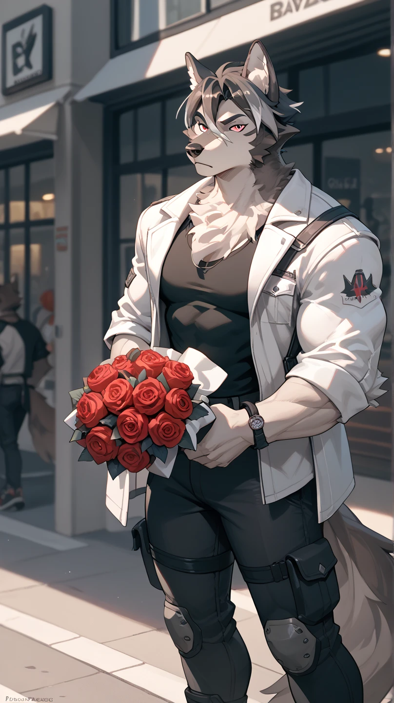 The man is wearing a white suit and tie(((the jacket is open ))) (((the wet suit is invisible))) . Biting red flowers, tie tie pose. floral savanna background. flower petals flying in the atmosphere.biting the flower stem pose. dark atmosphere, hd backround, light and dark balance, sunset aura. clothes wet from rain(((boys abbs)))