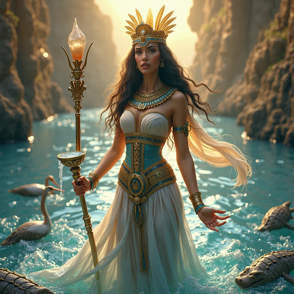 a goddess embodying the Nile, exudes divine balance and abundance. Her skin glows with golden reflections, as if kissed by the rays of the sun that dance upon the river’s waters. Her dark, long straight hair cascades gracefully, mirroring the fluid currents of the Nile. She wears a majestic crown adorned with both feathers and lotus flowers, intertwined with Egyptian symbols such as the solar disk and the cobra—representing her sacred connection to nature, rebirth, and the power of the gods. Her regal gown flows effortlessly, a rich tapestry of deep blue and silver waves embroidered with hieroglyphs and intricate designs of fish and lotus flowers. Its edges shimmer with golden accents, symbolizing the beauty and movement of the river. Draped over her shoulders is a fluid mantle, intensifying her aura of divine grace, calm yet piercing, holds the mysteries of the sacred river. In one graceful hand, she bears a cup overflowing with flowing water, signifying her role in maintaining balance—between prosperity, abundance, and the natural flow of life. In the other hand, she holds a scepter adorned with water crystals, emanating a soothing light that symbolizes her protective strength. At her feet, translucent waves of water swirl and dance in rhythmic harmony, accentuating her direct bond with the rivers she guards. Surrounding her are serene creatures, such as ibises and crocodiles, who accompany her and radiate an aura of unity and protection, her presence is a vivid blend of divine power, natural beauty, and the eternal equilibrium of life and water, expressions, seductive smile, Surrealism, high detail, masterpiece, accurate, anatomically correct, textured skin, super detail, high details, high quality, award winning, best quality, highres, 1080P, HD, 4K, 8k, 16k, random standing position, realistic, real person, HDR. UHD